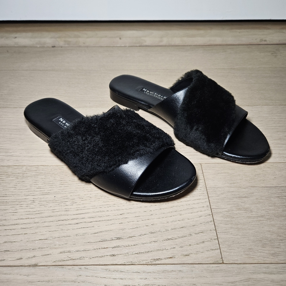 Newbark Women's Size 10 Yasmin Leather Shearling Slide Flat Sandal Black - Picture 3 of 11